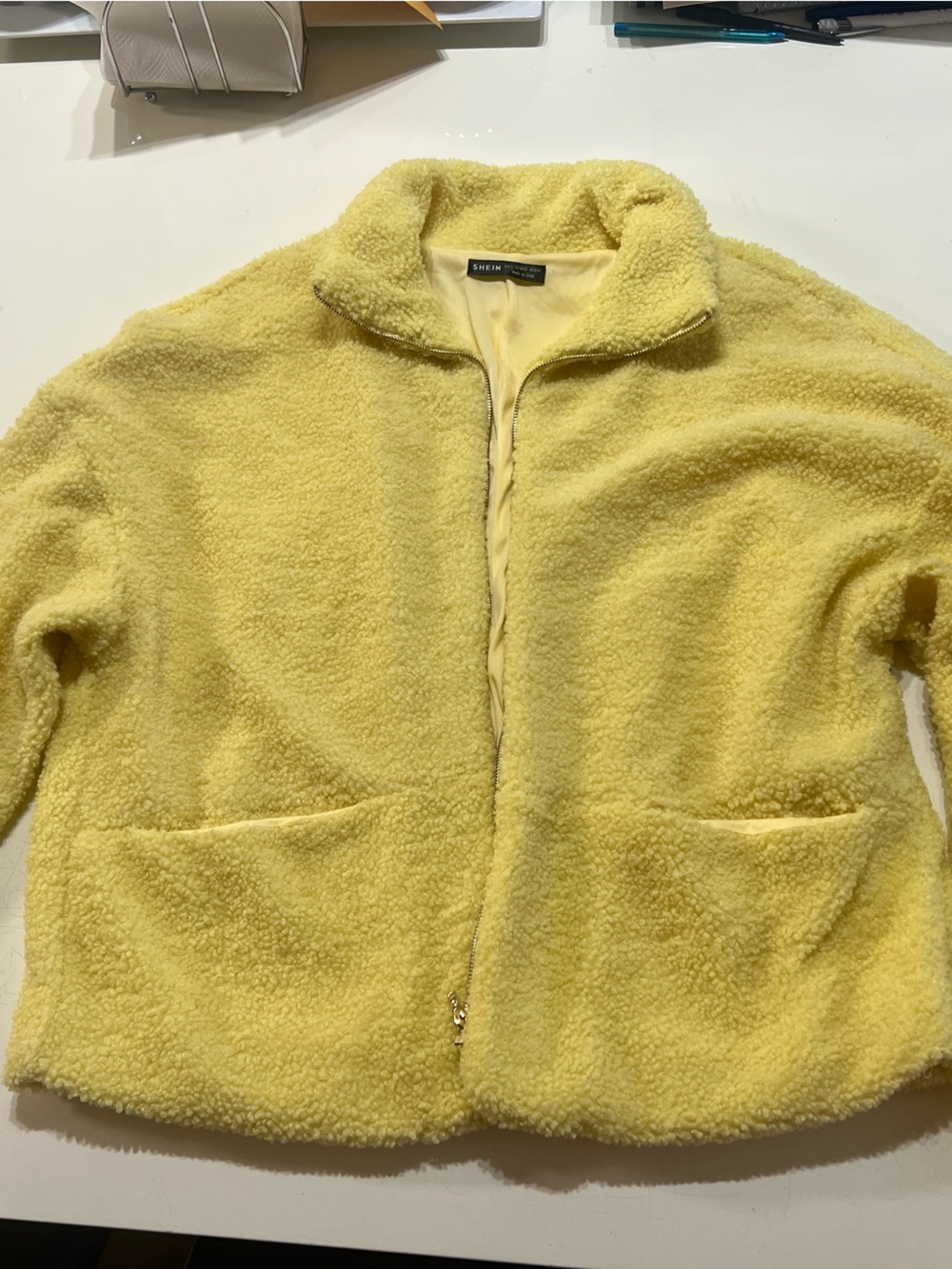 SHEIN Yellow Sherpa Zip Front Jacket